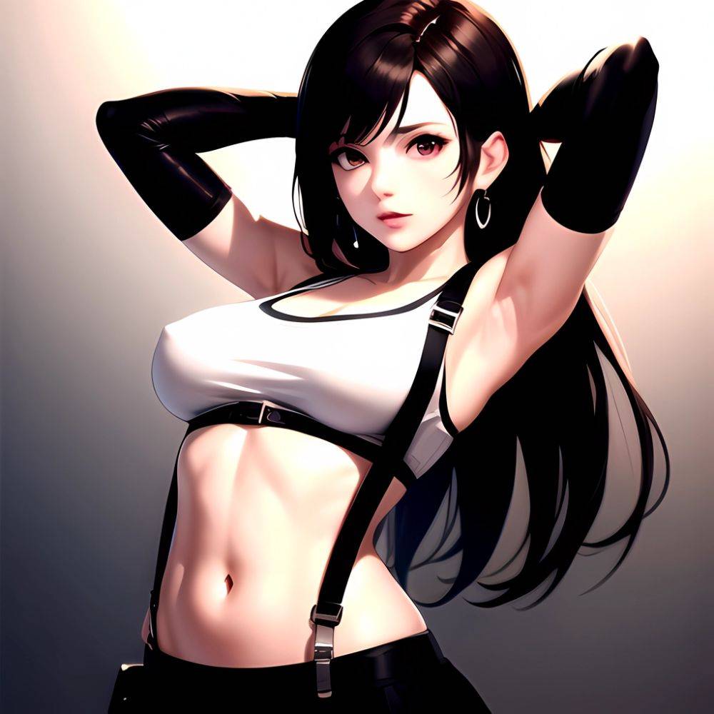 1girl Armpits Arms Behind Head Arms Up Bare Shoulders Black Gloves Black Hair Black Skirt Breasts Closed Mouth Crop Top, 2605495991 - AIHentai - #main