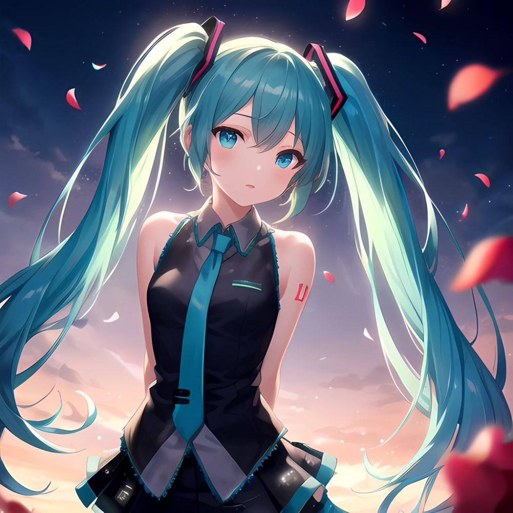 Face Focus Masterpiece Best Quality 1girl Hatsune Miku White Roses Petals Night Background Fireflies Light Particle Solo Aqua Ha, 3929340834 - AIHentai - #main