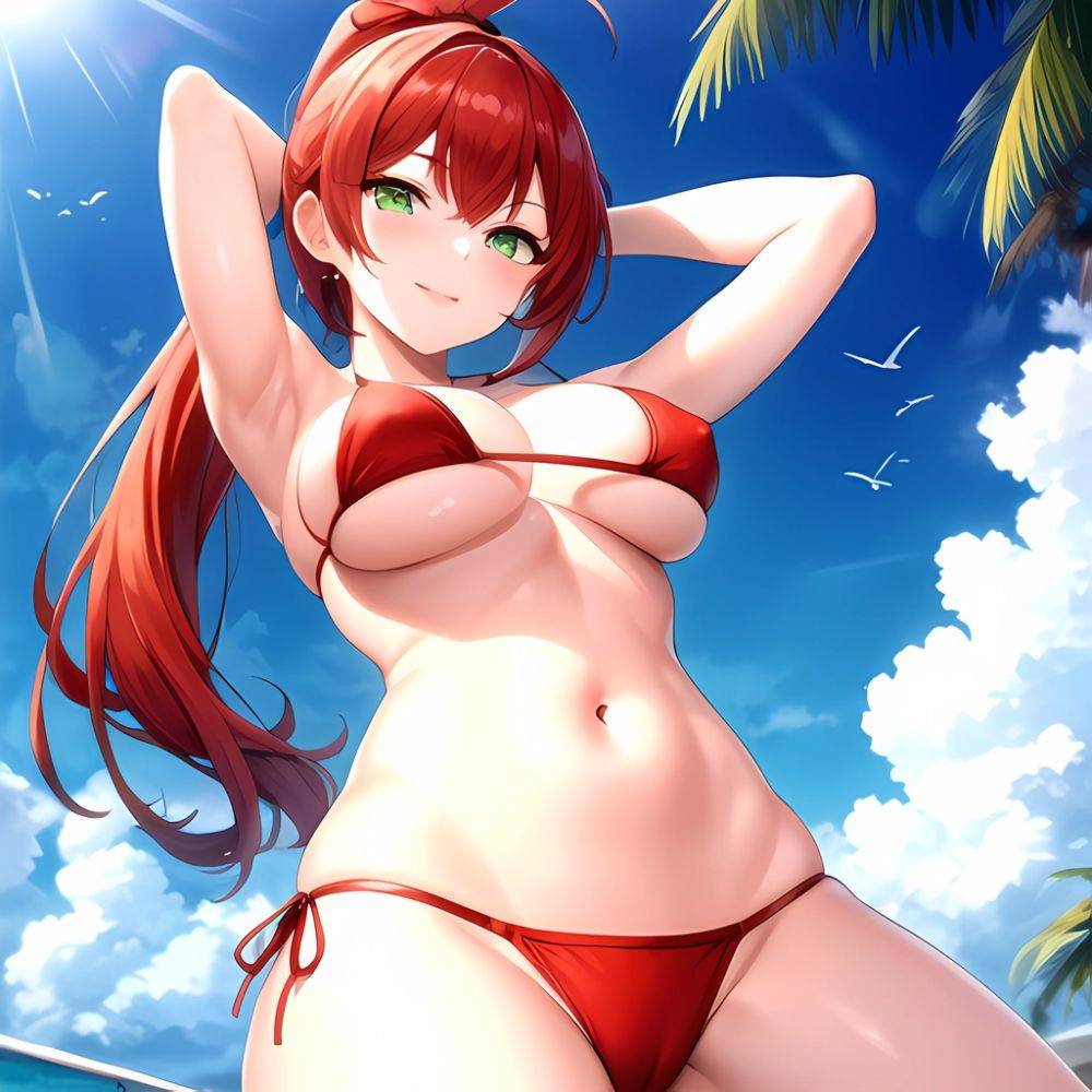 1girl Armpits Arms Behind Head Arms Up Bikini Breasts Closed Mouth Collarbone Covered Nipples Day Green Eyes Highres Jung Freud, 3223171964 - AIHentai - #main