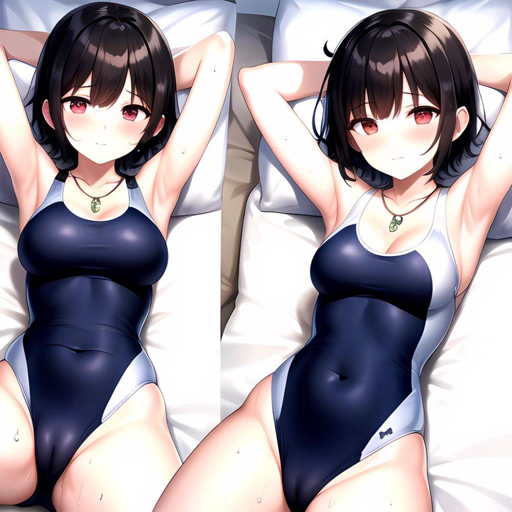 Tutinako Morino Rinze 1girl Black Hair Blush Closed Mouth Competition Swimsuit Covered Navel Heart Jewelry Looking At Self Lying, 1226852418 - AIHentai - #main