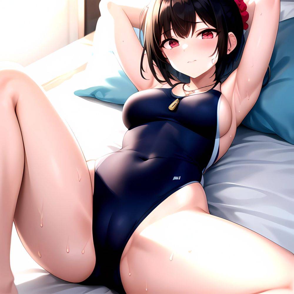 Tutinako Morino Rinze 1girl Black Hair Blush Closed Mouth Competition Swimsuit Covered Navel Heart Jewelry Looking At Self Lying, 640381246 - AIHentai - #main