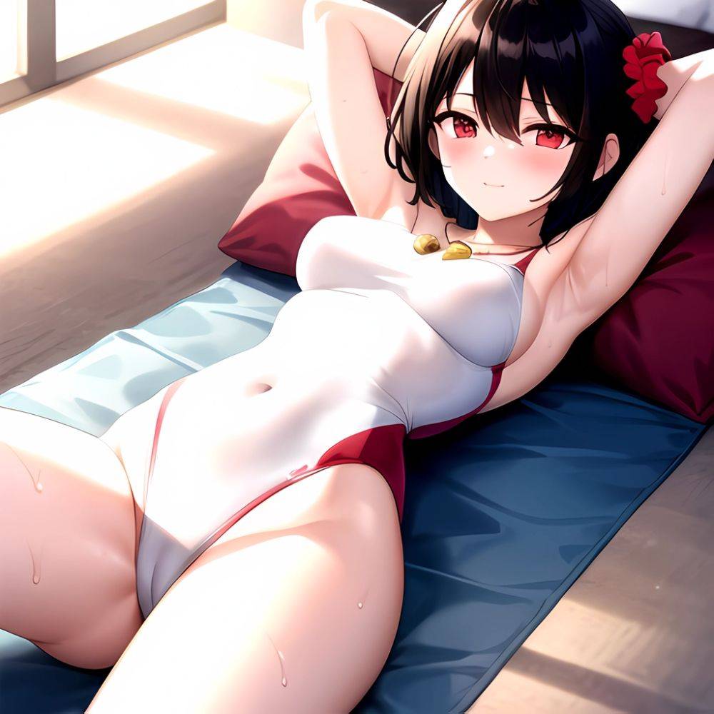 Tutinako Morino Rinze 1girl Black Hair Blush Closed Mouth Competition Swimsuit Covered Navel Heart Jewelry Looking At Self Lying, 973917290 - AIHentai - #main