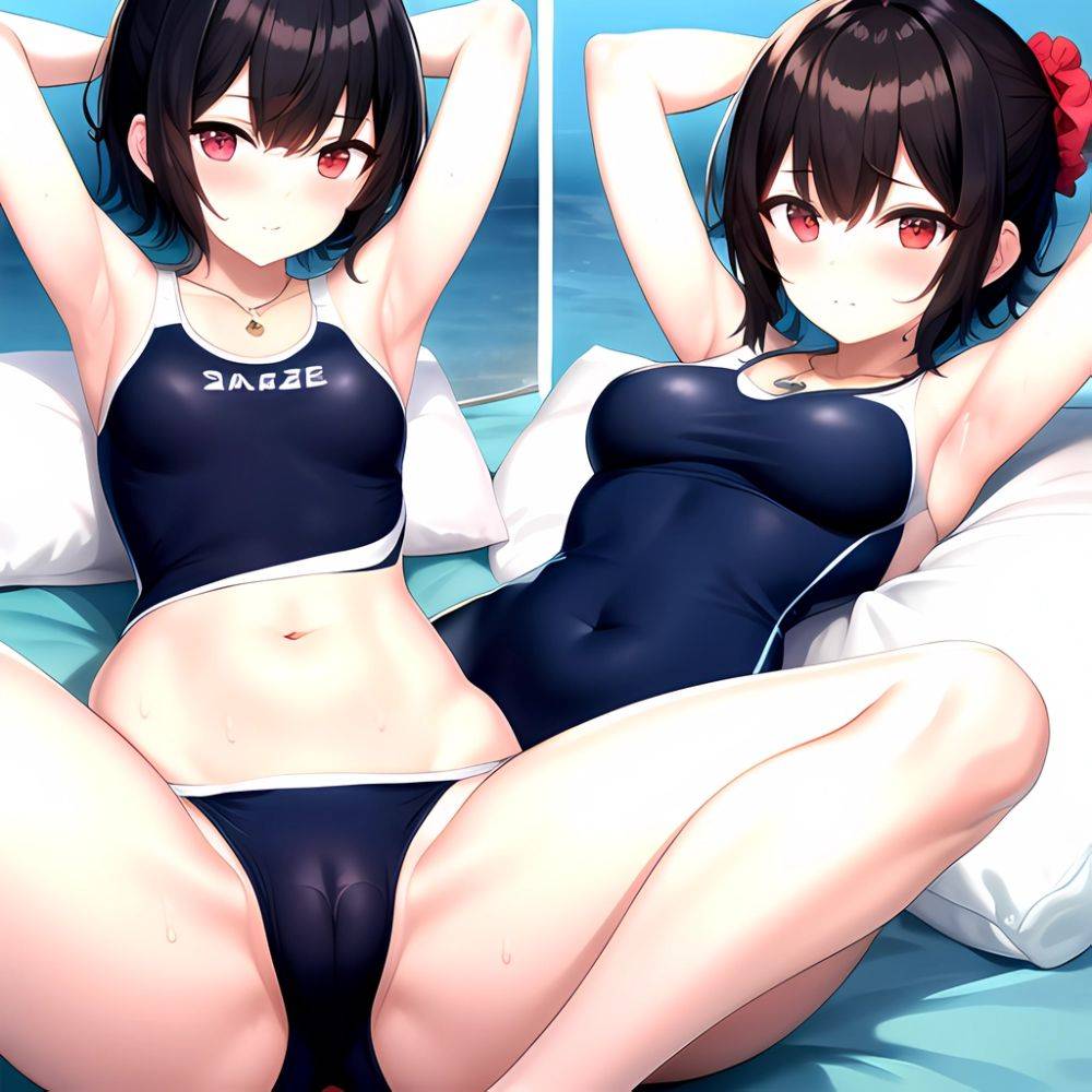 Tutinako Morino Rinze 1girl Black Hair Blush Closed Mouth Competition Swimsuit Covered Navel Heart Jewelry Looking At Self Lying, 2145032716 - AIHentai - #main