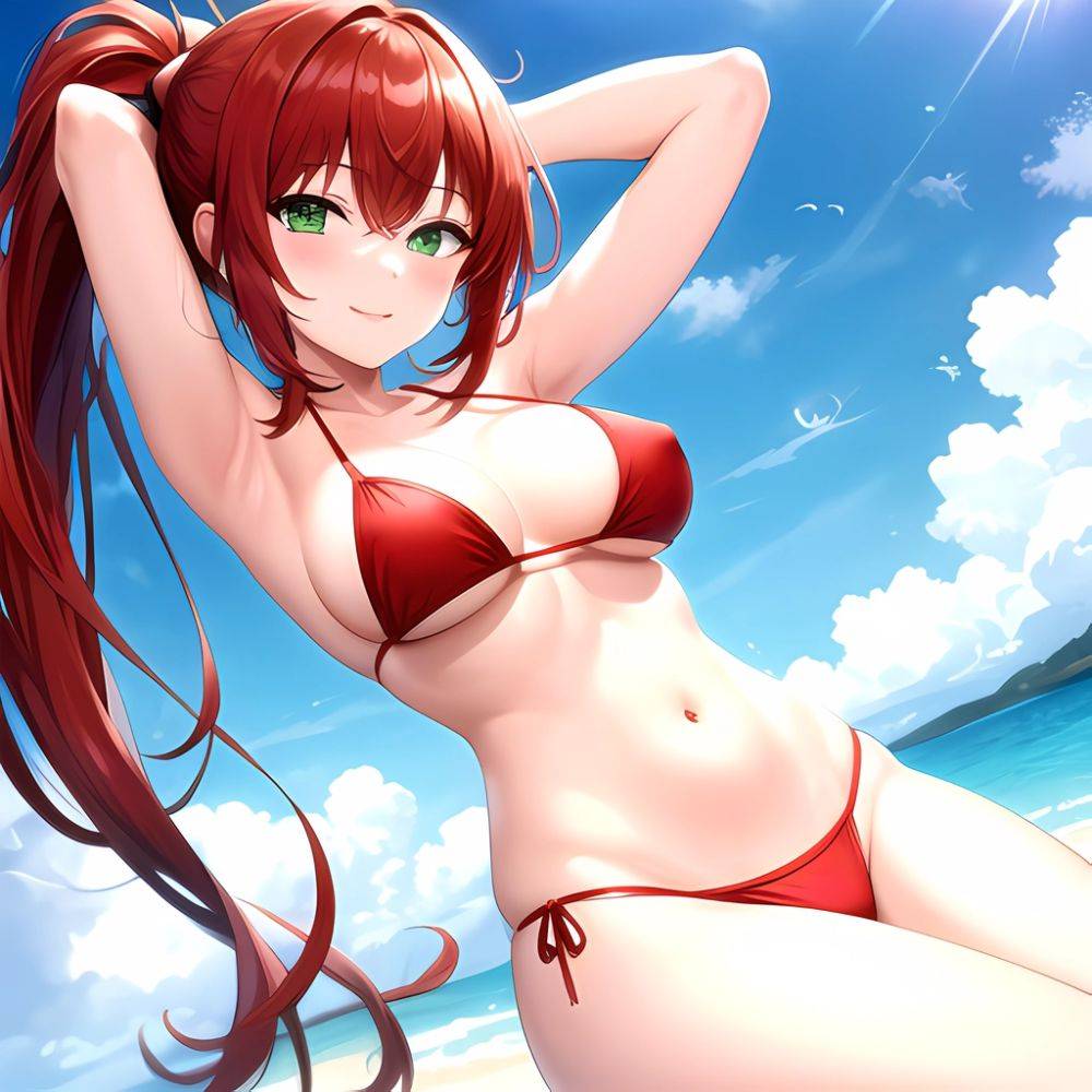 1girl Armpits Arms Behind Head Arms Up Bikini Breasts Closed Mouth Collarbone Covered Nipples Day Green Eyes Highres Jung Freud, 1880799189 - AIHentai - #main