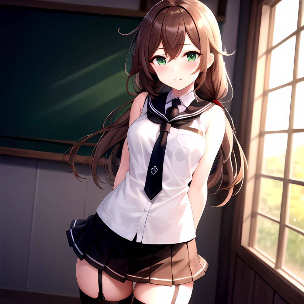 Noshiro Kancolle 1girl Anchor Symbol Asymmetrical Legwear Black Necktie Black Thighhighs Braid Brown Hair Garter Straps Green Ey, 1301898627 - AIHentai - #main