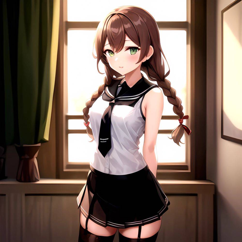 Noshiro Kancolle 1girl Anchor Symbol Asymmetrical Legwear Black Necktie Black Thighhighs Braid Brown Hair Garter Straps Green Ey, 112290300 - AIHentai - #main
