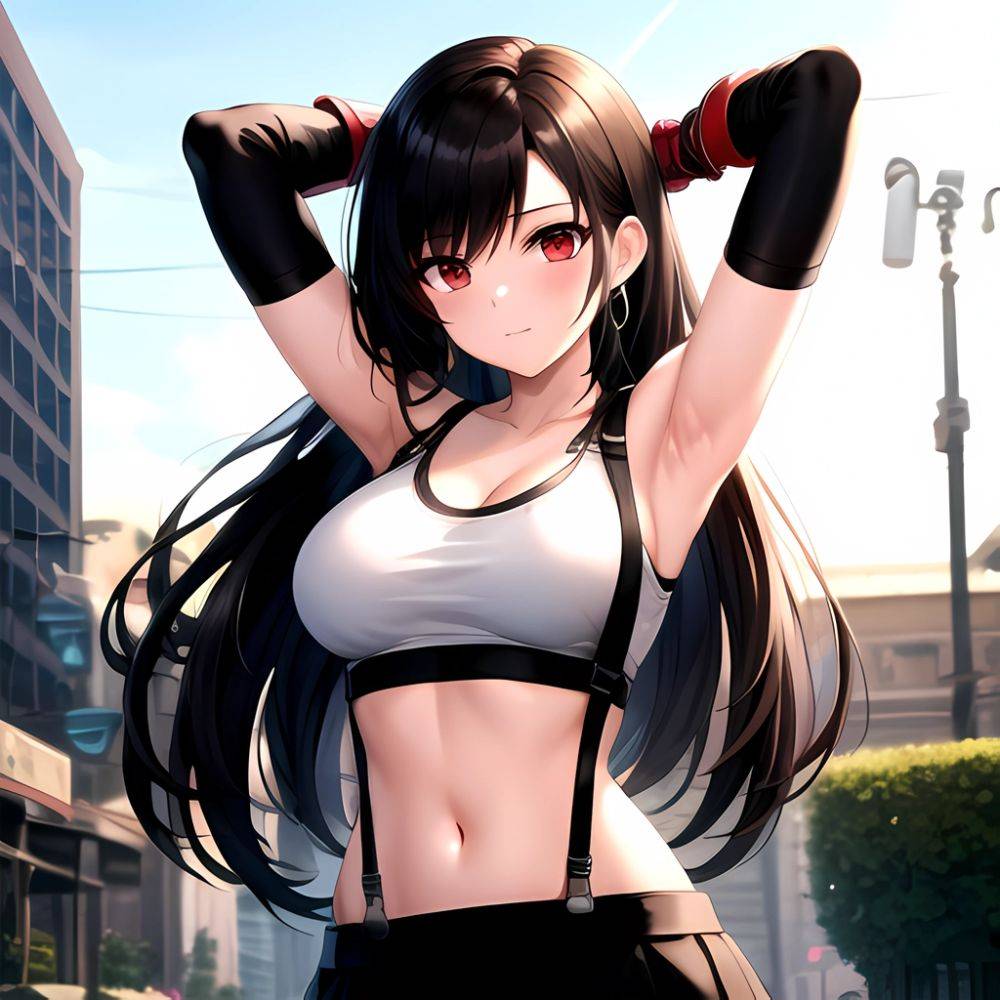 1girl Armpits Arms Behind Head Arms Up Bare Shoulders Black Gloves Black Hair Black Skirt Breasts Closed Mouth Crop Top, 3787726950 - AIHentai - #main