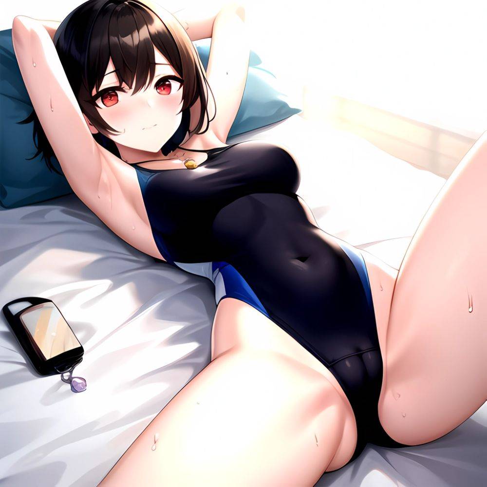 Tutinako Morino Rinze 1girl Black Hair Blush Closed Mouth Competition Swimsuit Covered Navel Heart Jewelry Looking At Self Lying, 2992070798 - AIHentai - #main