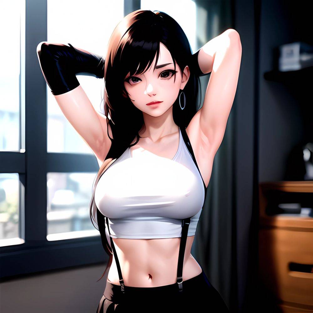 1girl Armpits Arms Behind Head Arms Up Bare Shoulders Black Gloves Black Hair Black Skirt Breasts Closed Mouth Crop Top, 3425329932 - AIHentai - #main