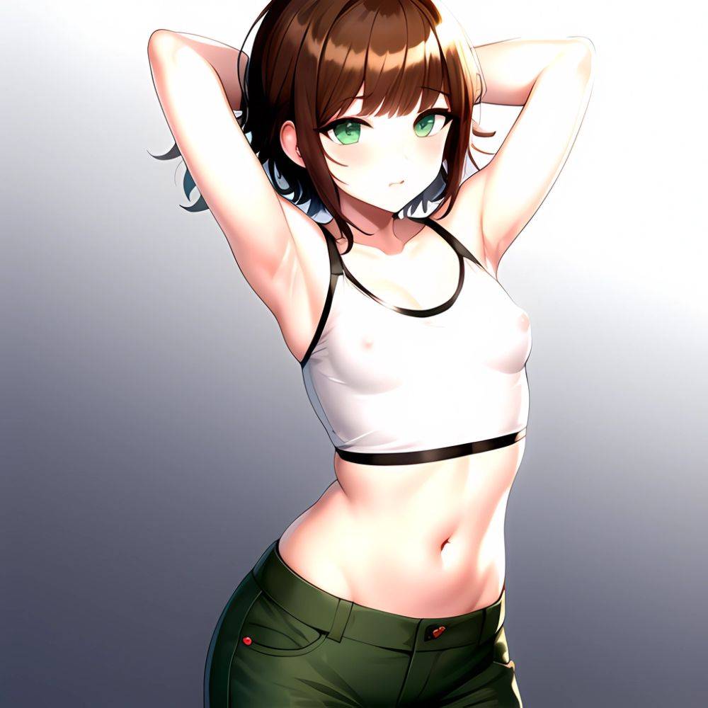 1boy Armpits Arms Behind Head Blush Breasts Brown Hair Bulge Collarbone Contrapposto Covered Nipples Crop Top Danganronpa Trigge, 3702634963 - AIHentai - #main
