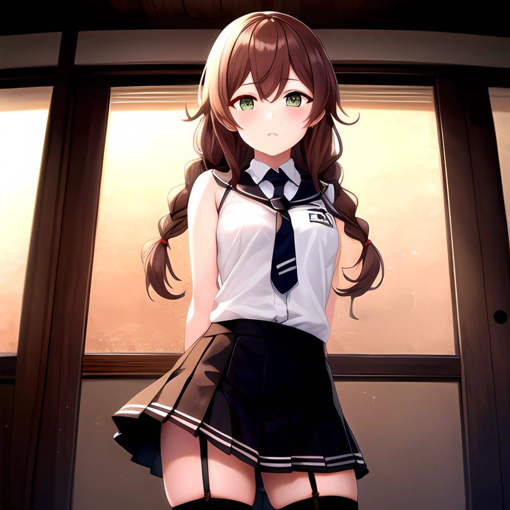 Noshiro Kancolle 1girl Anchor Symbol Asymmetrical Legwear Black Necktie Black Thighhighs Braid Brown Hair Garter Straps Green Ey, 1506856026 - AIHentai - #main