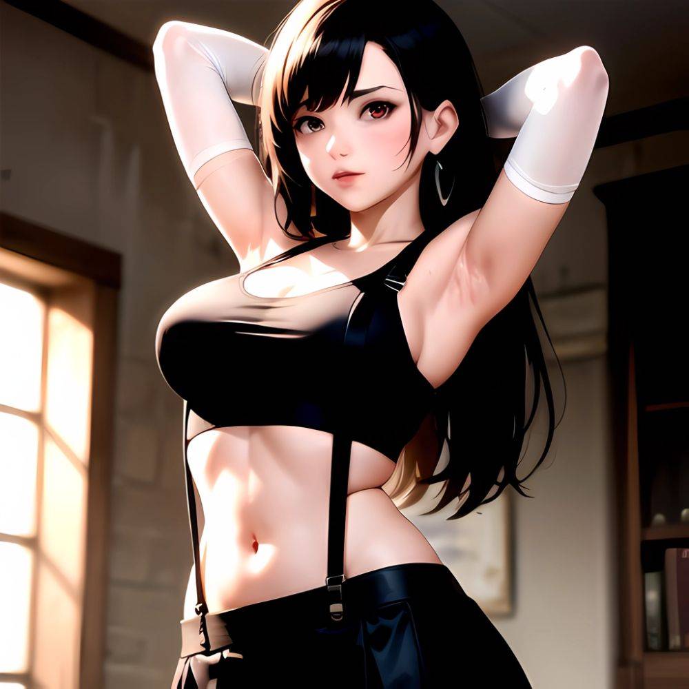 1girl Armpits Arms Behind Head Arms Up Bare Shoulders Black Gloves Black Hair Black Skirt Breasts Closed Mouth Crop Top, 895565624 - AIHentai - #main