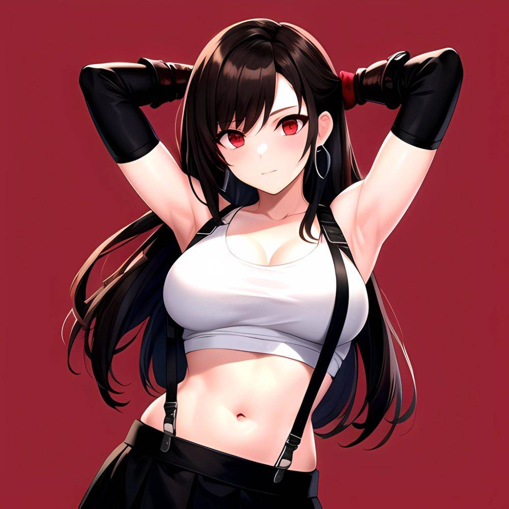 1girl Armpits Arms Behind Head Arms Up Bare Shoulders Black Gloves Black Hair Black Skirt Breasts Closed Mouth Crop Top, 2401191777 - AIHentai - #main