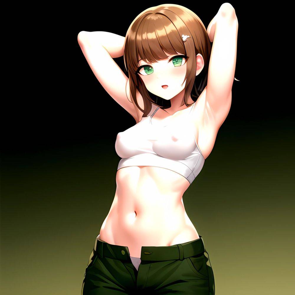 1boy Armpits Arms Behind Head Blush Breasts Brown Hair Bulge Collarbone Contrapposto Covered Nipples Crop Top Danganronpa Trigge, 3509367142 - AIHentai - #main