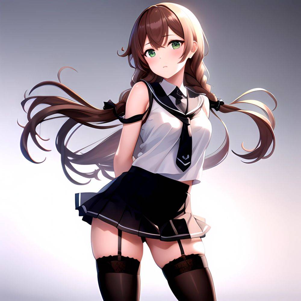 Noshiro Kancolle 1girl Anchor Symbol Asymmetrical Legwear Black Necktie Black Thighhighs Braid Brown Hair Garter Straps Green Ey, 2567655145 - AIHentai - #main