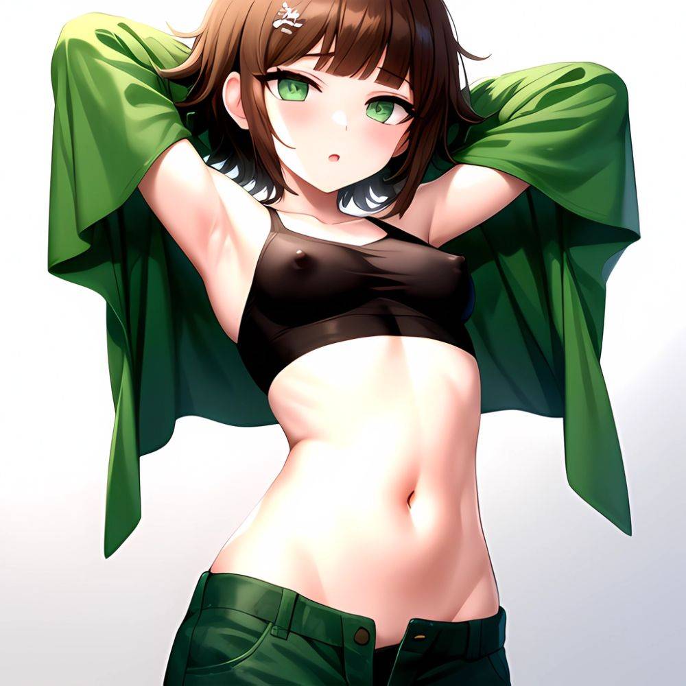 1boy Armpits Arms Behind Head Blush Breasts Brown Hair Bulge Collarbone Contrapposto Covered Nipples Crop Top Danganronpa Trigge, 3455920319 - AIHentai - #main