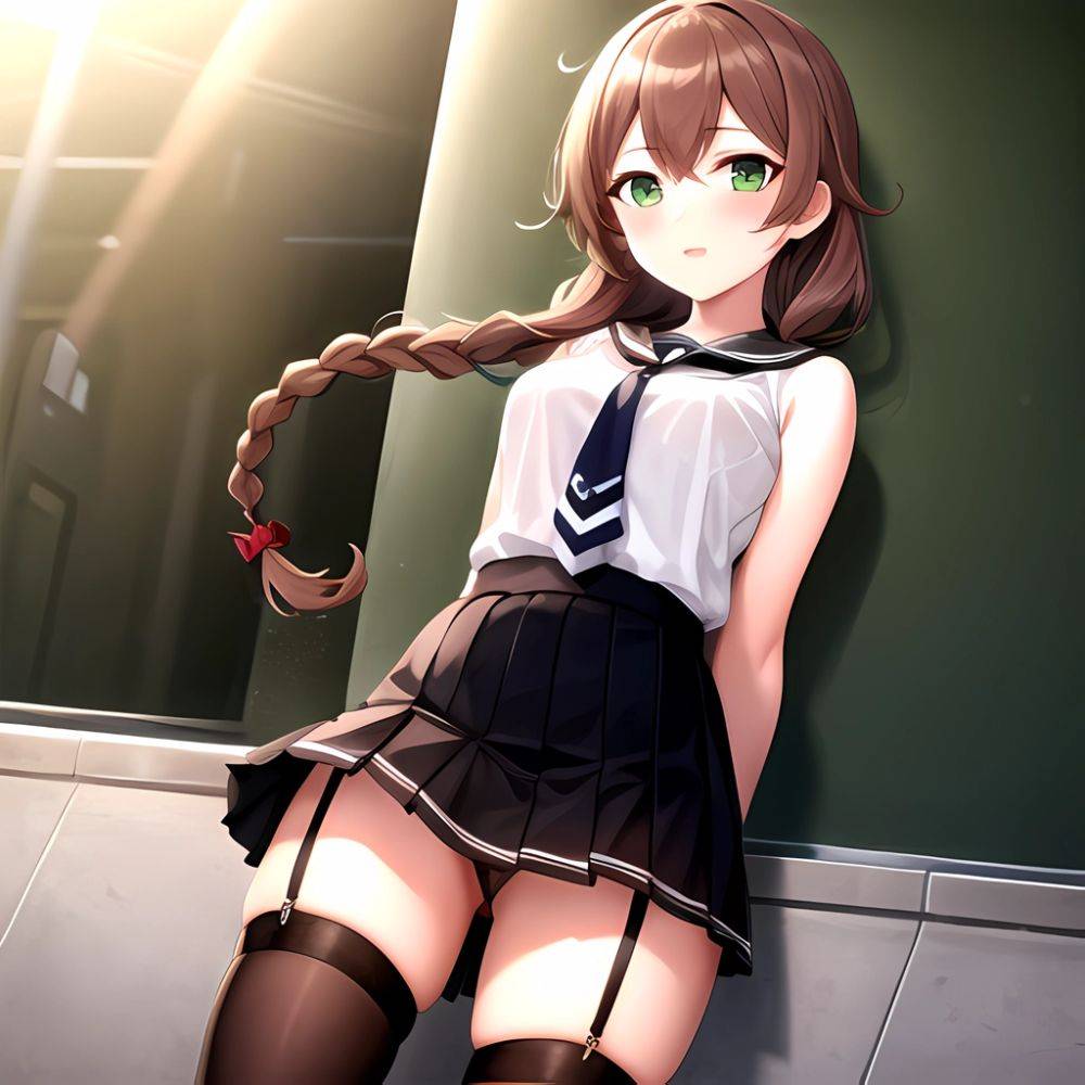 Noshiro Kancolle 1girl Anchor Symbol Asymmetrical Legwear Black Necktie Black Thighhighs Braid Brown Hair Garter Straps Green Ey, 3209581567 - AIHentai - #main