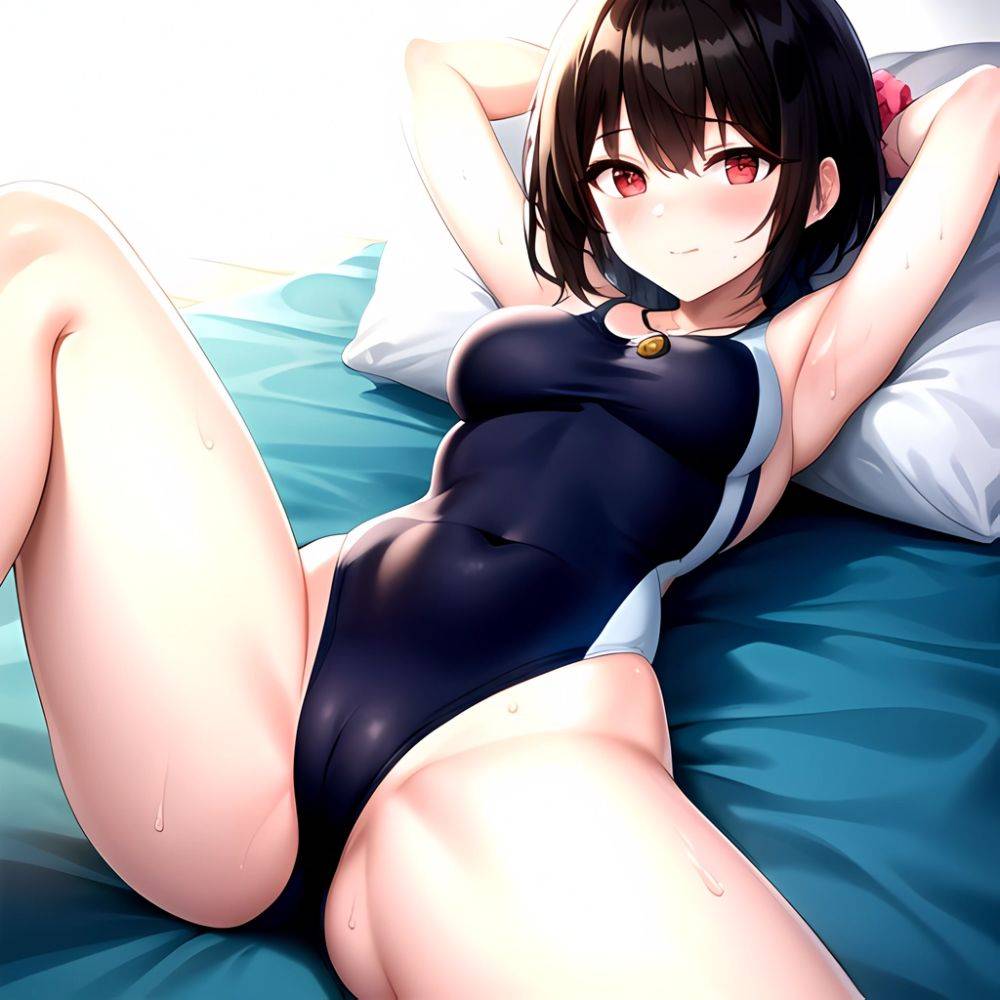 Tutinako Morino Rinze 1girl Black Hair Blush Closed Mouth Competition Swimsuit Covered Navel Heart Jewelry Looking At Self Lying, 2567742061 - AIHentai - #main
