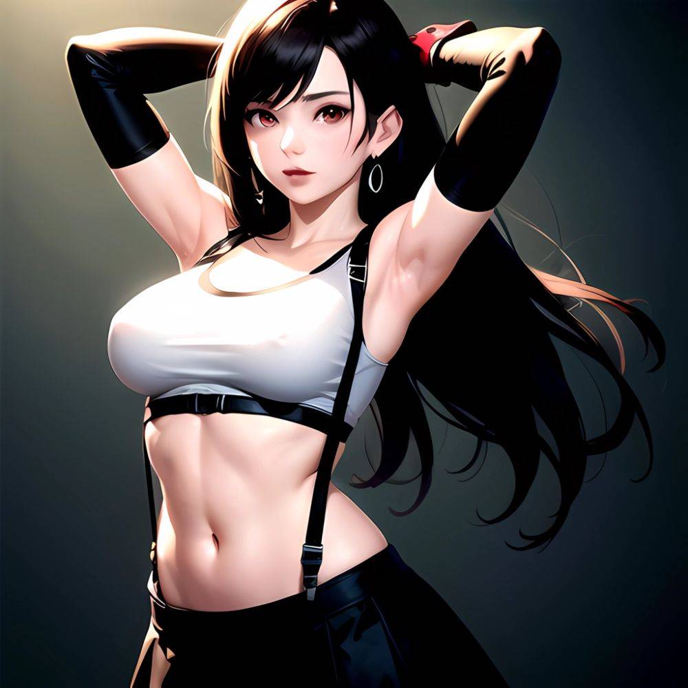 1girl Armpits Arms Behind Head Arms Up Bare Shoulders Black Gloves Black Hair Black Skirt Breasts Closed Mouth Crop Top, 2074839521 - AIHentai - #main