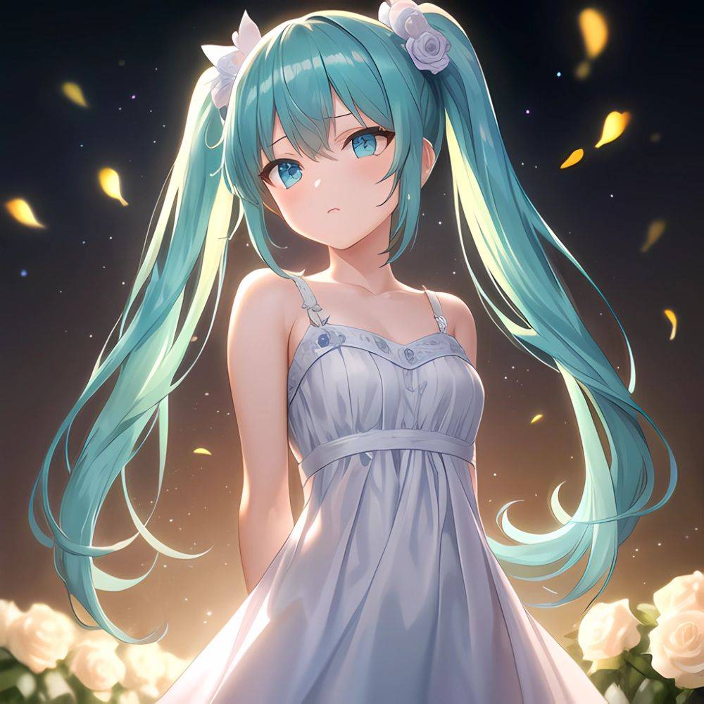 Face Focus Masterpiece Best Quality 1girl White Roses Petals Night Background Fireflies Light Particle Solo Aqua Hair With Twin, 869052044 - AIHentai - #main