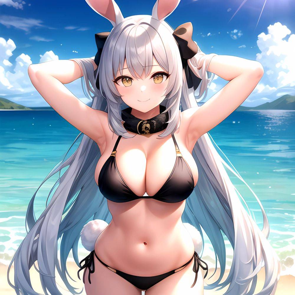 1girl Animal Ears Arms Behind Head Armpits Bare Shoulders Bikini Black Bikini Blue Bow Bow Breasts Cleavage Closed Mouth Cowboy, 2698151380 - AIHentai - #main