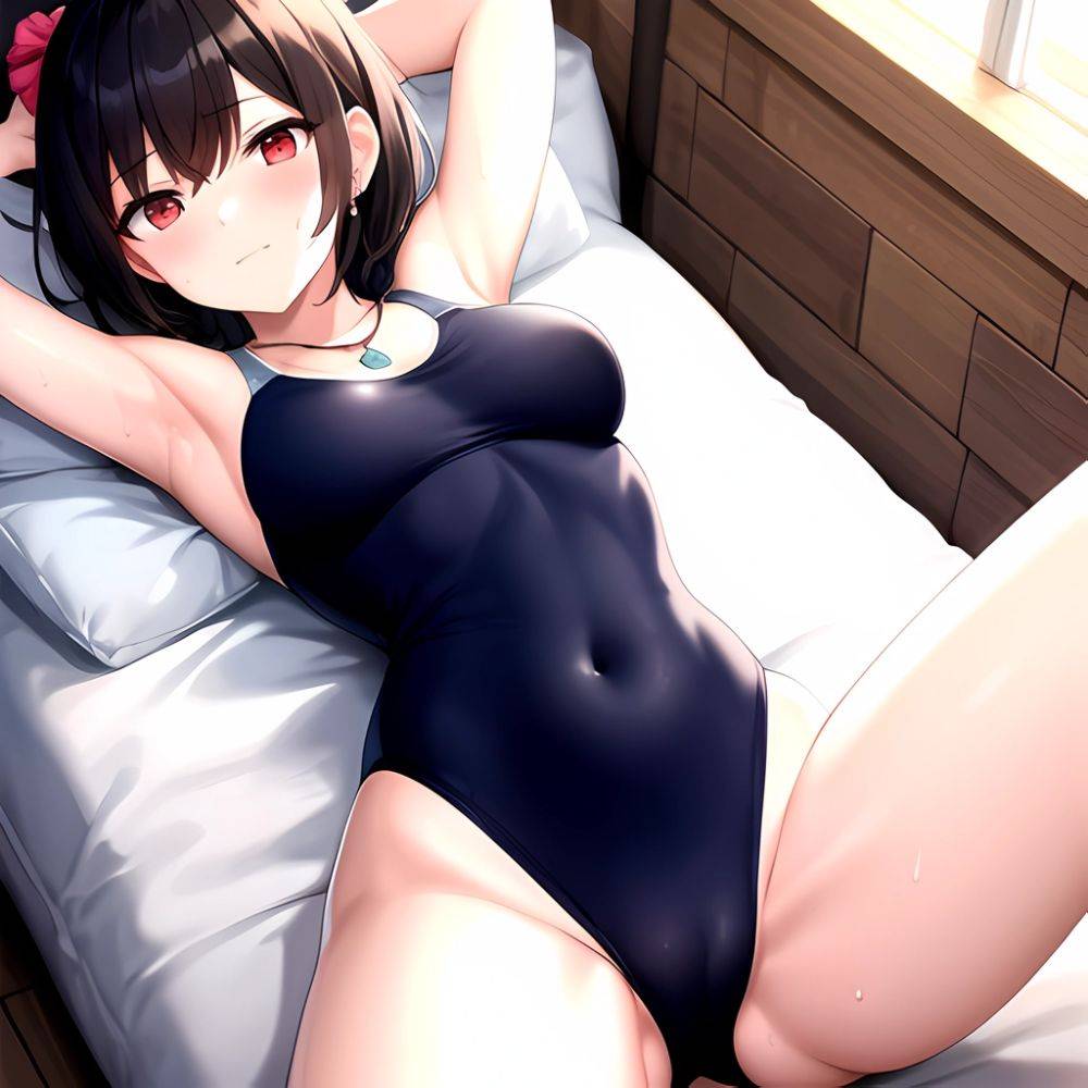 Tutinako Morino Rinze 1girl Black Hair Blush Closed Mouth Competition Swimsuit Covered Navel Heart Jewelry Looking At Self Lying, 3009372811 - AIHentai - #main