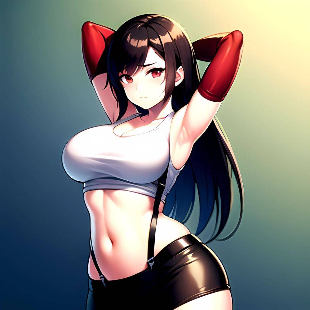 1girl Armpits Arms Behind Head Arms Up Bare Shoulders Black Gloves Black Hair Black Skirt Breasts Closed Mouth Crop Top, 3855606490 - AIHentai - #main