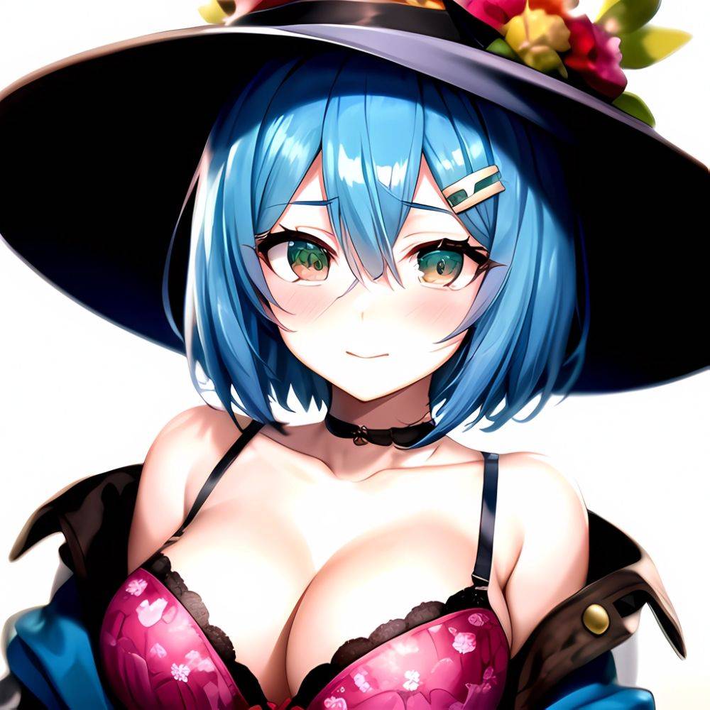 1girl Blush Bob Cut Bra Breasts Cleavage Close Up Closed Mouth Collarbone Commentary Eyelashes Eyes Visible Through Hair Floral, 3153811706 - AIHentai - #main