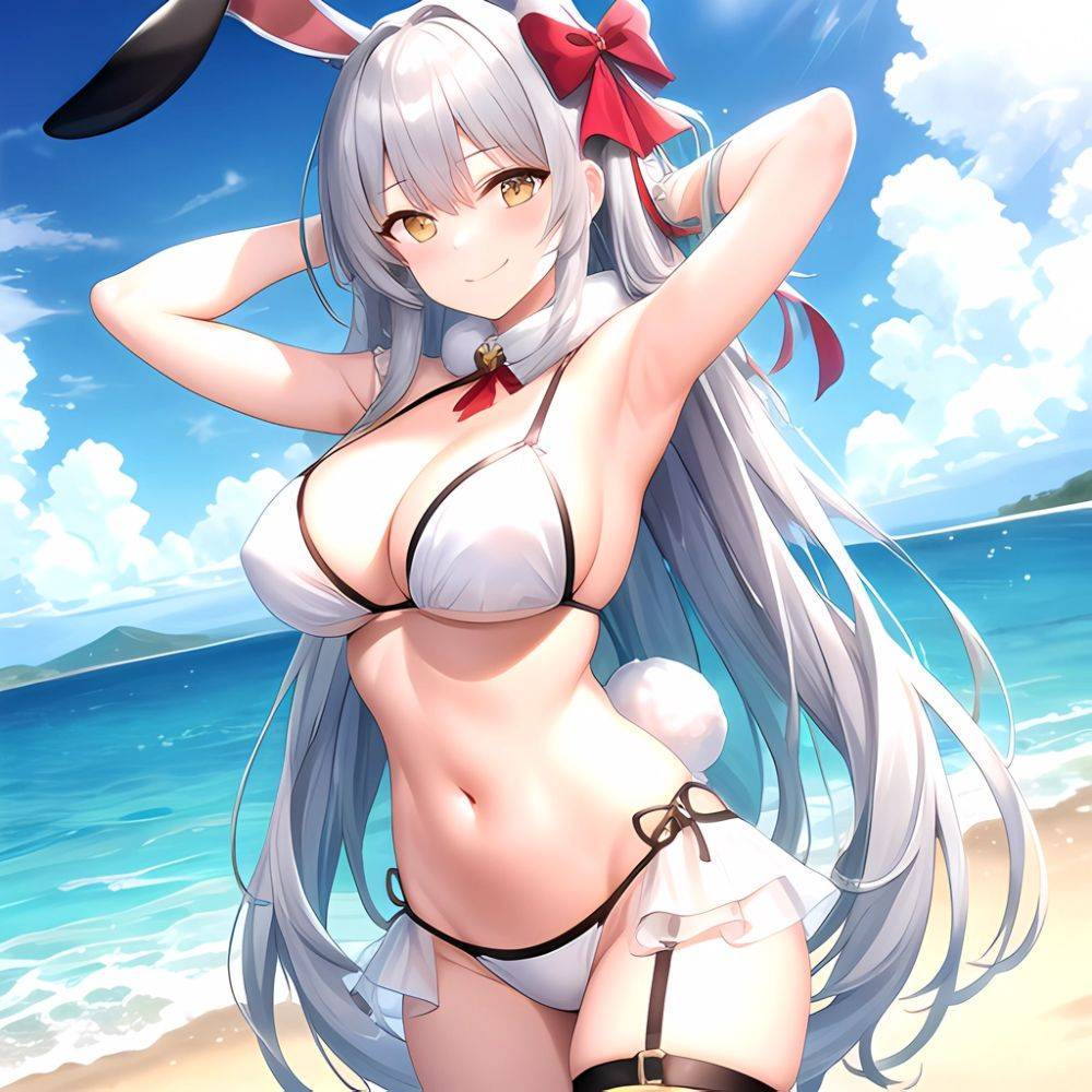 1girl Animal Ears Arms Behind Head Armpits Bare Shoulders Bikini White Bikini Blue Bow Bow Breasts Cleavage Closed Mouth Cowboy, 3546856870 - AIHentai - #main