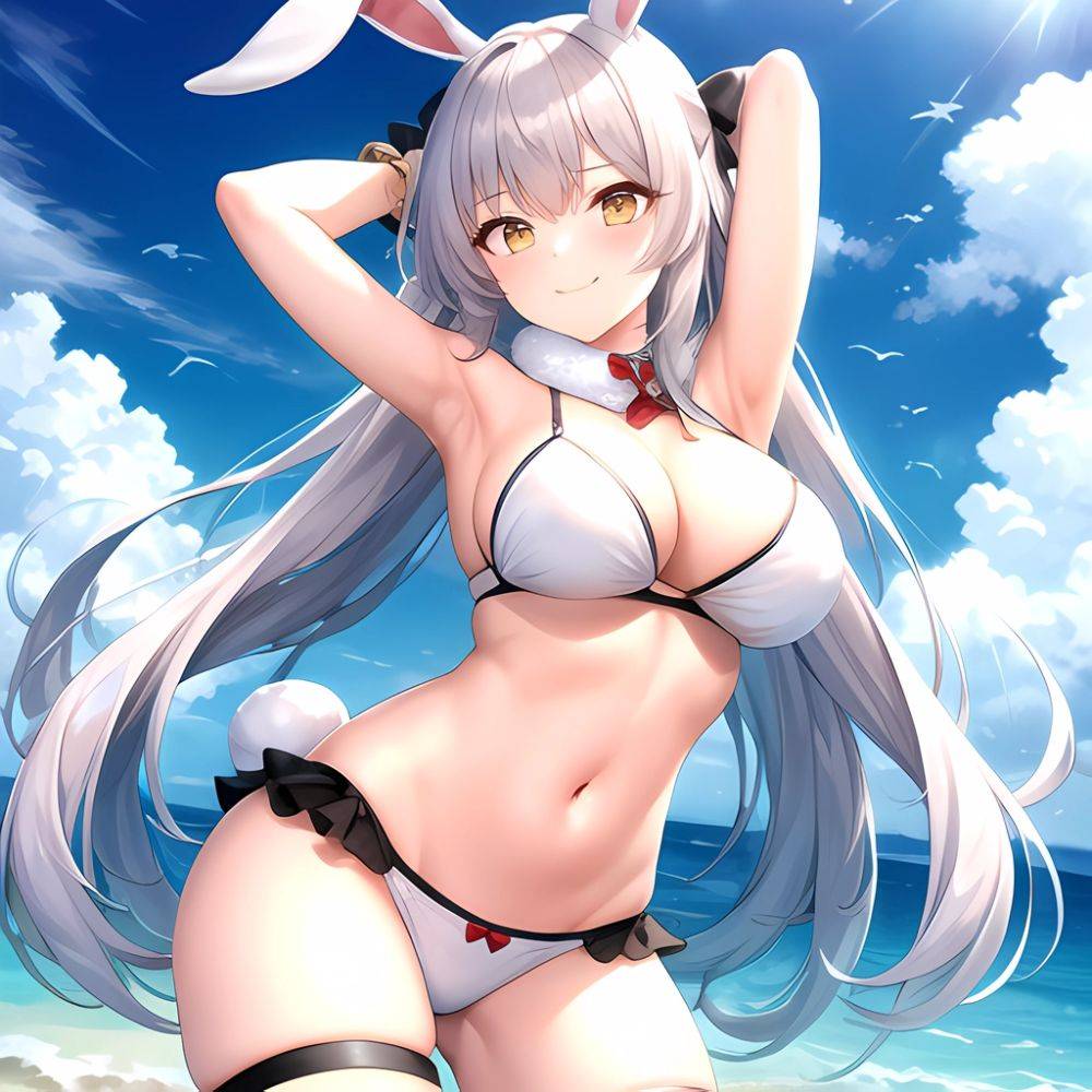 1girl Animal Ears Arms Behind Head Armpits Bare Shoulders Bikini White Bikini Blue Bow Bow Breasts Cleavage Closed Mouth Cowboy, 237085914 - AIHentai - #main