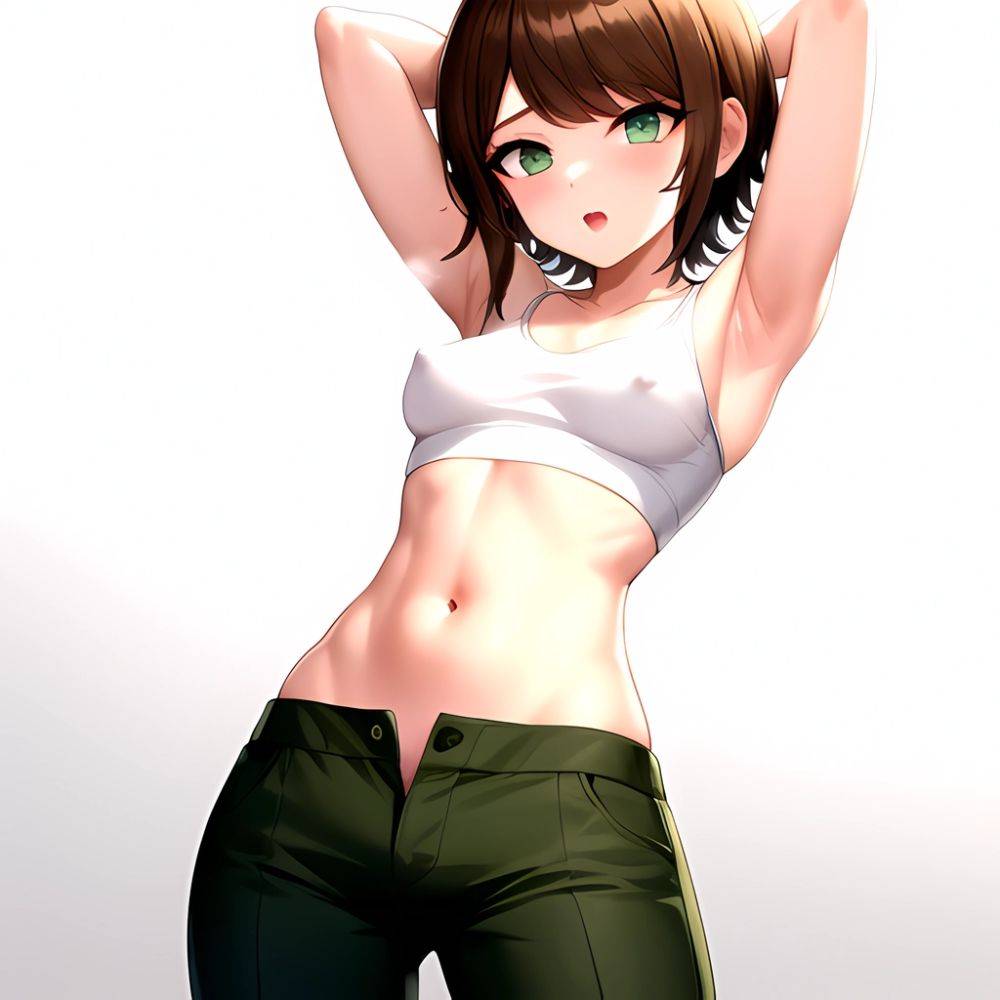 1boy Armpits Arms Behind Head Blush Breasts Brown Hair Bulge Collarbone Contrapposto Covered Nipples Crop Top Danganronpa Trigge, 3942456053 - AIHentai - #main