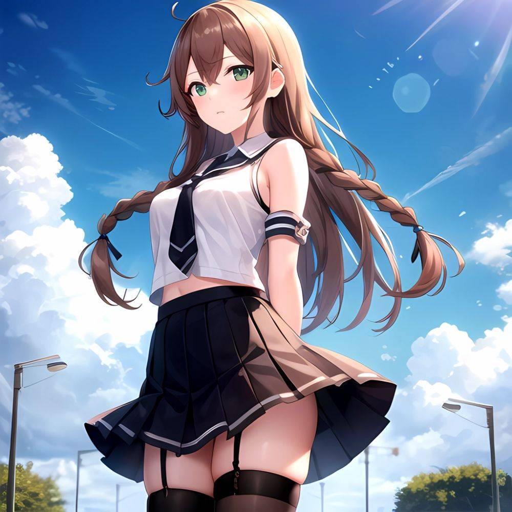 Noshiro Kancolle 1girl Anchor Symbol Asymmetrical Legwear Black Necktie Black Thighhighs Braid Brown Hair Garter Straps Green Ey, 1590104233 - AIHentai - #main