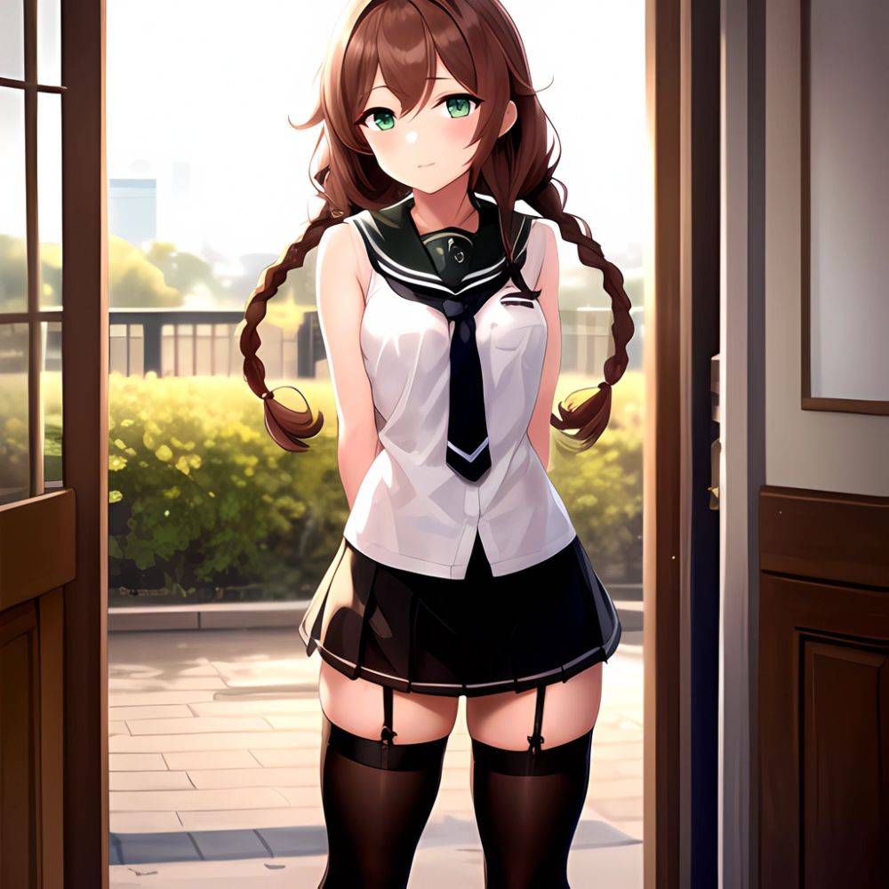 Noshiro Kancolle 1girl Anchor Symbol Asymmetrical Legwear Black Necktie Black Thighhighs Braid Brown Hair Garter Straps Green Ey, 1357588730 - AIHentai - #main