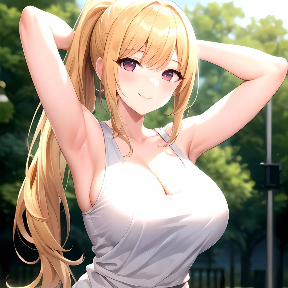 Beatrix Amerhauser 1girl Armpits Arms Behind Head Arms Up Bare Shoulders Blonde Hair Breasts Cleavage Large Breasts Long Hair Lo, 2970116959 - AIHentai - #main