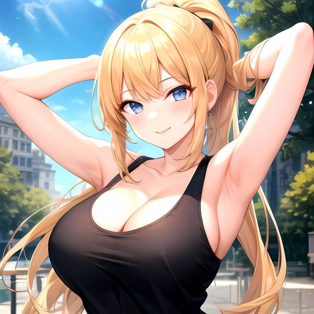Beatrix Amerhauser 1girl Armpits Arms Behind Head Arms Up Artist Name Bare Shoulders Blonde Hair Breasts Cleavage Large Breasts, 1794949574 - AIHentai - #main