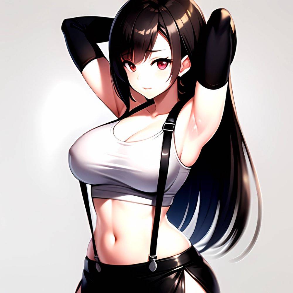 1girl Armpits Arms Behind Head Arms Up Bare Shoulders Black Gloves Black Hair Black Skirt Breasts Closed Mouth Crop Top, 1959743819 - AIHentai - #main