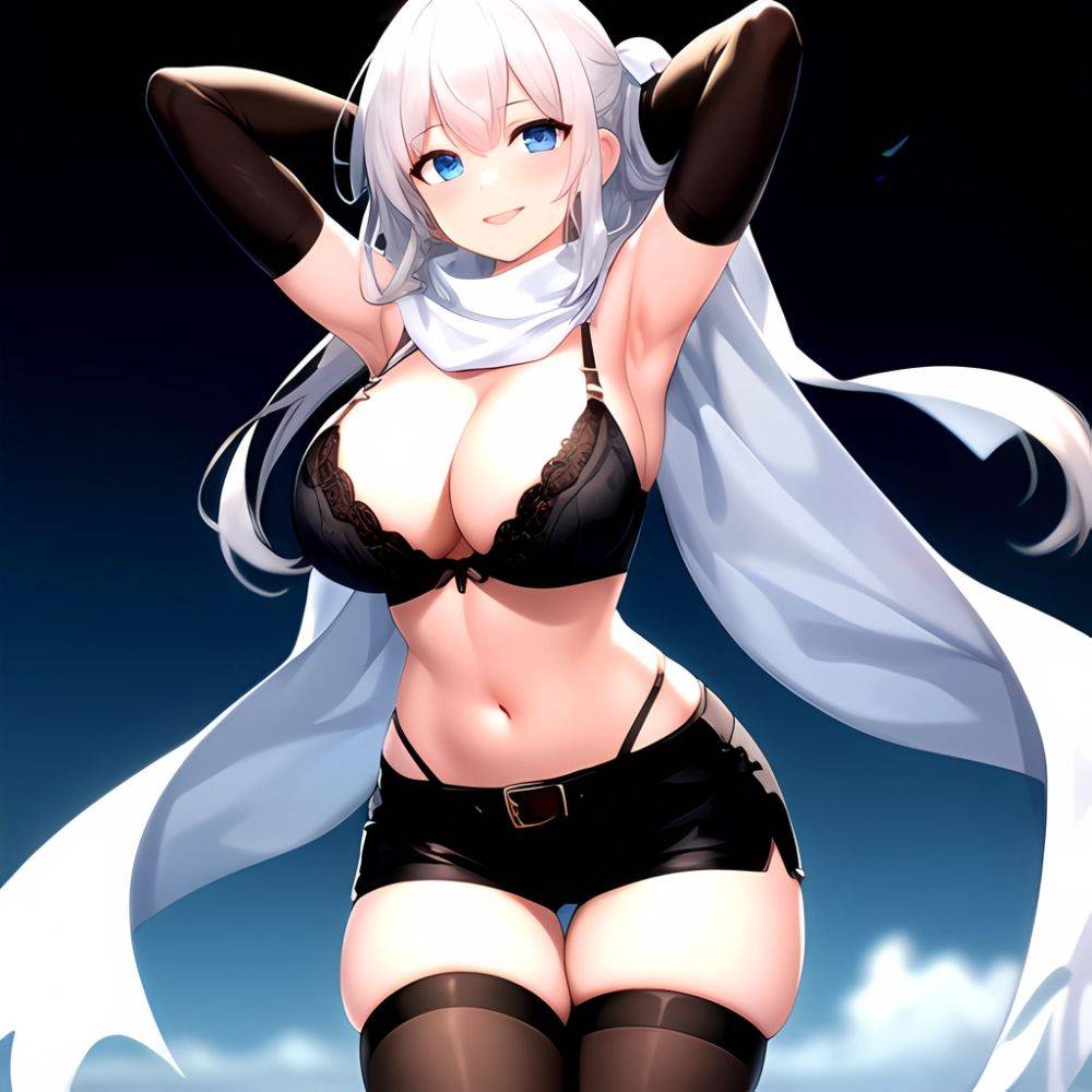 1girl Armpits Arms Behind Head Belt Black Bra Black Gloves Black Pantyhose Blue Eyes Blurry Blurry Background Bra Breasts Curvy, 2726451965 - AIHentai - #main