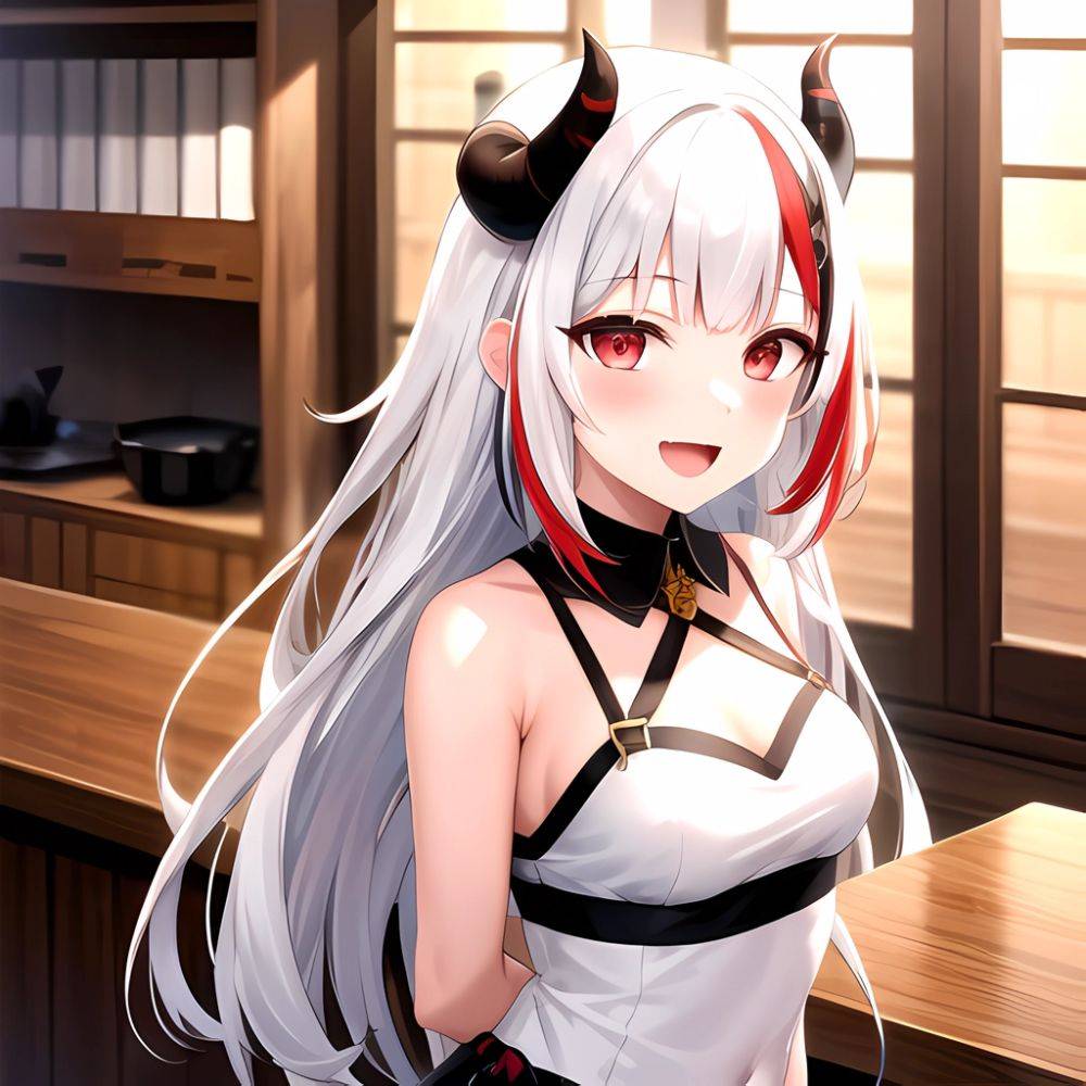 1girl Hololive Horns Long Hair Multicolored Hair Nakiri Ayame Open Mouth Smile Solo Streaked Hair Tonton Utaro White Hair Arms, 4011807672 - AIHentai - #main