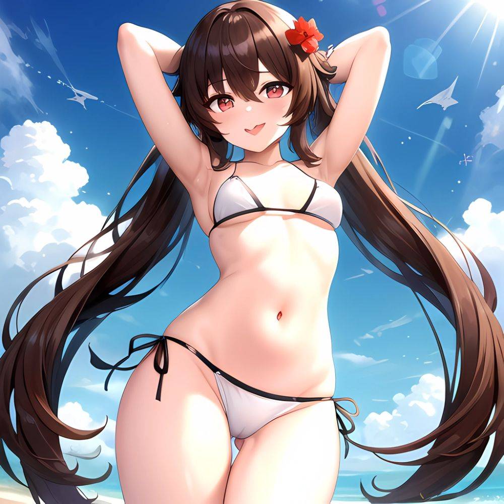 1girl Q Absurdres Arms Behind Back Bikini Blush Breasts Brown Hair Cameltoe Cleft Of Venus Covered Nipples Cowboy Shot Flower, 3792305290 - AIHentai - #main