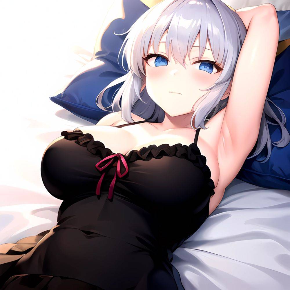 Yumi Senran Kagura 1girl Armpits Arms Behind Head Black Ribbon Blue Eyes Blush Breasts Closed Mouth Collarbone Frills Grey Hair, 3567242139 - AIHentai - #main