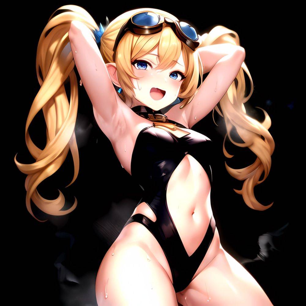 1girl Armpits Arms Behind Head Backlighting Bare Arms Bare Legs Blonde Hair Blue Eyes Blush Breasts Check Commentary Clothing Cu, 1800142737 - AIHentai - #main