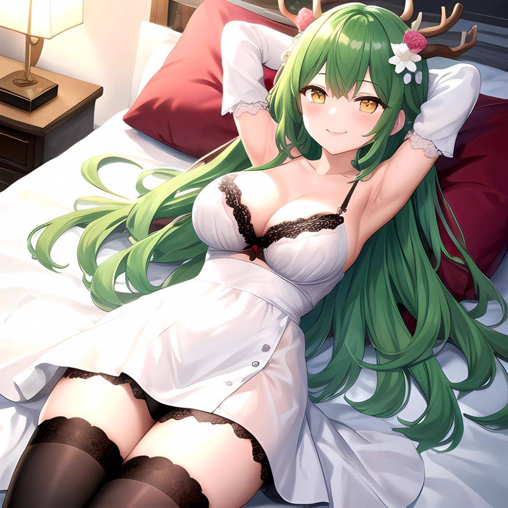 1girl Alternate Costume Antlers Armpits Arms Behind Head Bed Sheet Black Bra Black Thighhighs Bra Branch Breasts Ceres Fauna Cle, 2687733271 - AIHentai - #main