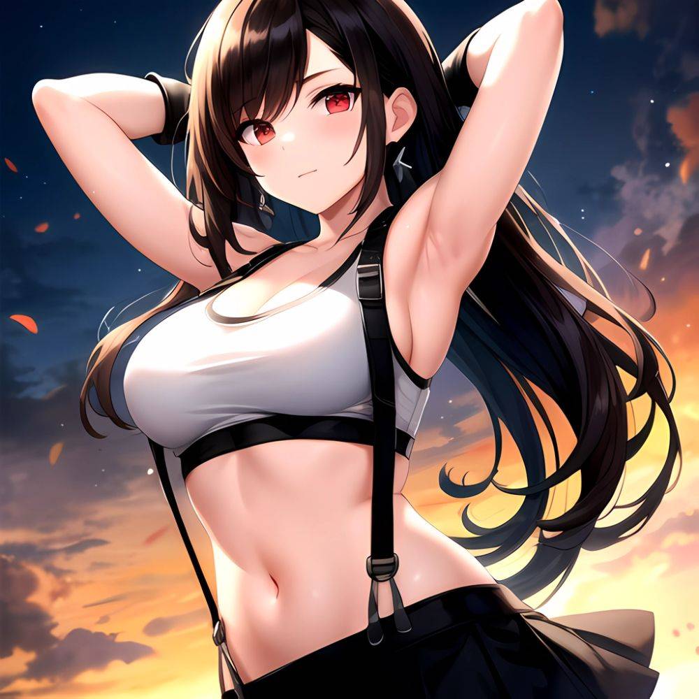 1girl Armpits Arms Behind Head Arms Up Bare Shoulders Black Gloves Black Hair Black Skirt Breasts Closed Mouth Crop Top, 3200943032 - AIHentai - #main