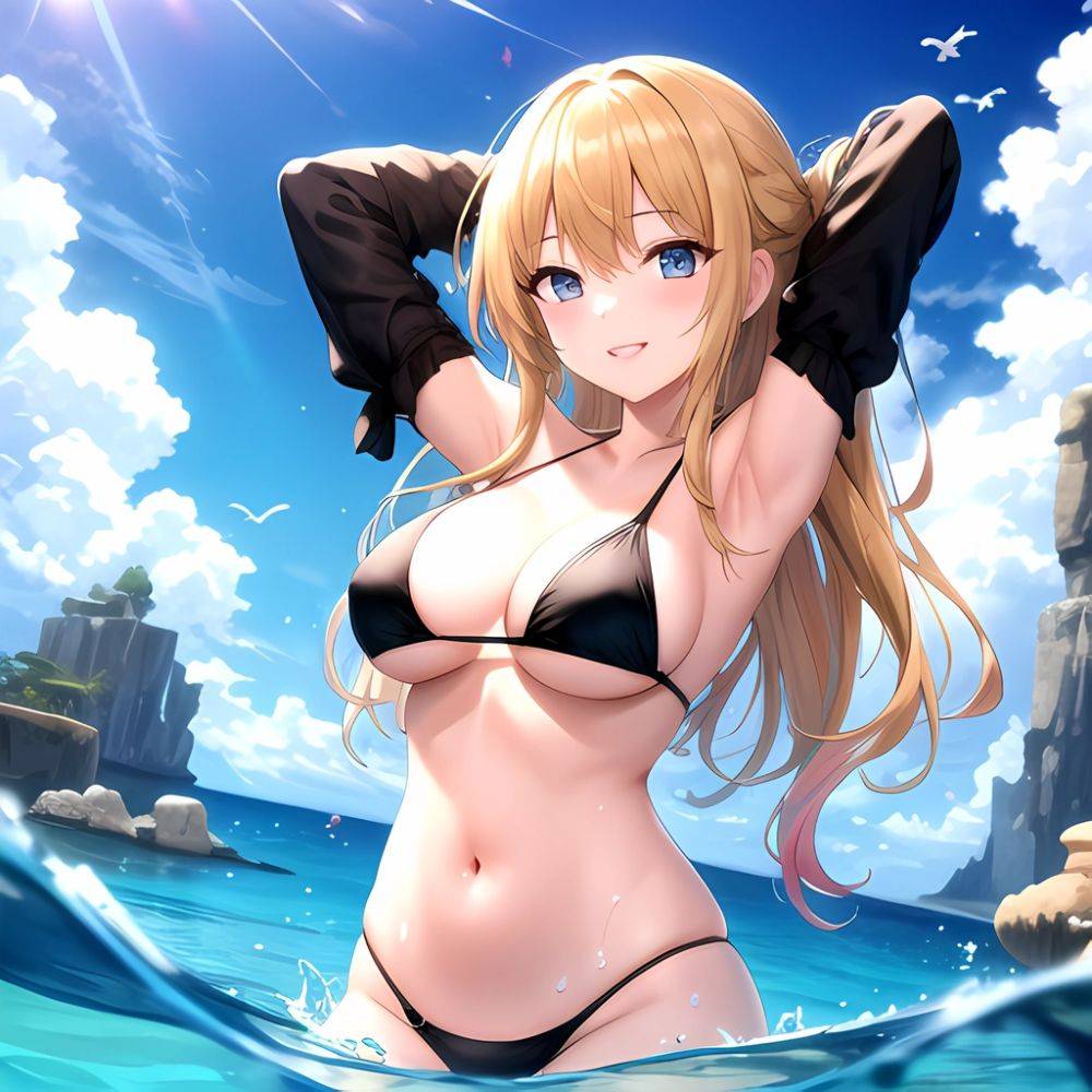 Empress Last Origin 1girl Armpits Arms Behind Head Bikini Bird Black Bikini Blonde Hair Blue Sky Breasts Cloud Gradient Hair, 694169740 - AIHentai - #main