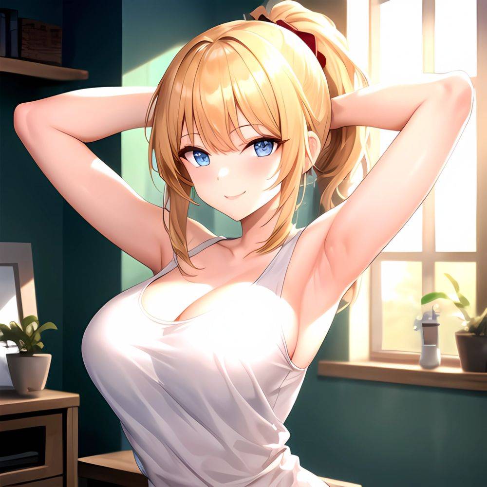 Beatrix Amerhauser 1girl Armpits Arms Behind Head Bare Shoulders Blonde Hair Breasts Cleavage Large Breasts Long Hair Looking At, 3323137011 - AIHentai - #main