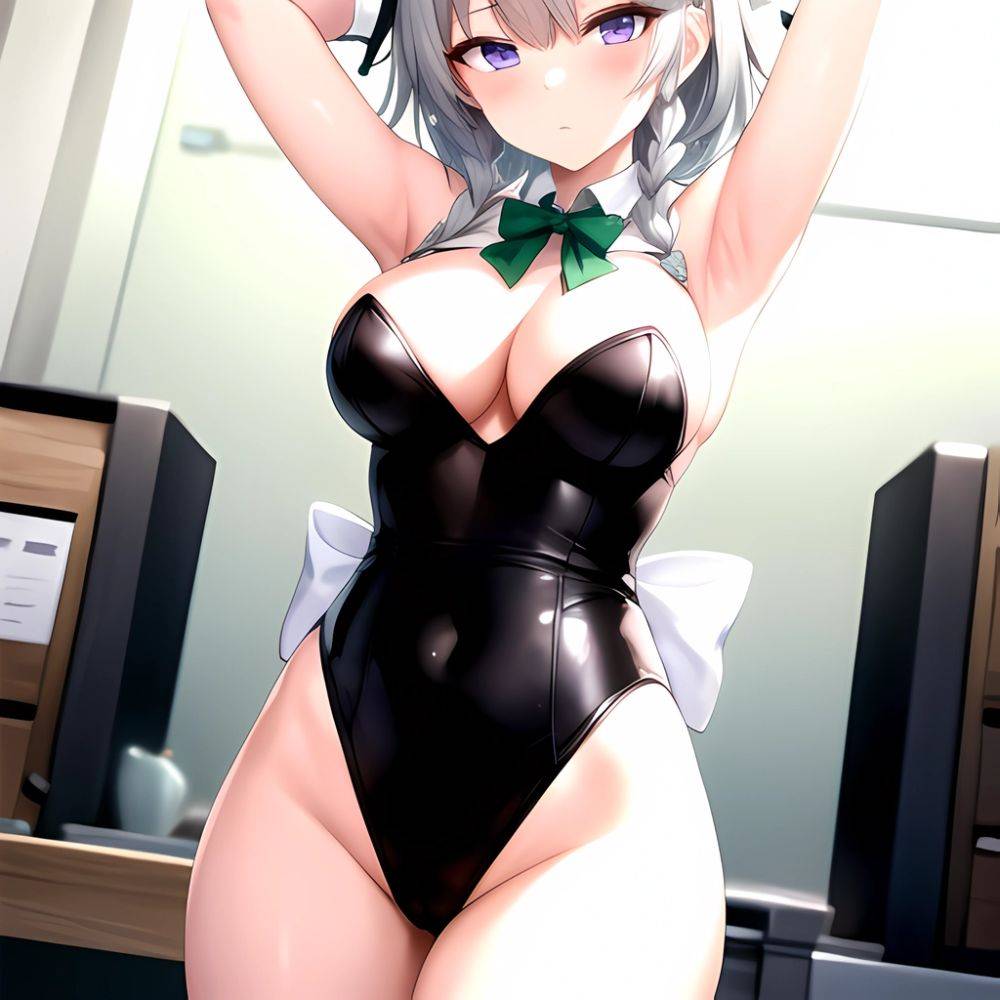 Izayoi Sakuya 1girl Armpits Blue Leotard Bow Braid Breasts Expressionless Gloves Green Bow Grey Hair Large Breasts Latex Latex G, 3578531446 - AIHentai - #main