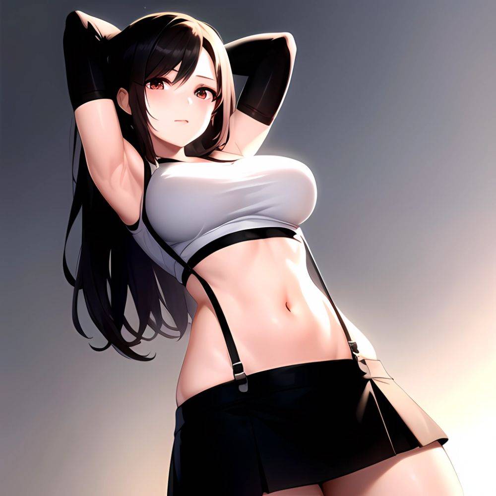 1girl Armpits Arms Behind Head Arms Up Bare Shoulders Black Gloves Black Hair Black Skirt Breasts Closed Mouth Crop Top, 2666204860 - AIHentai - #main