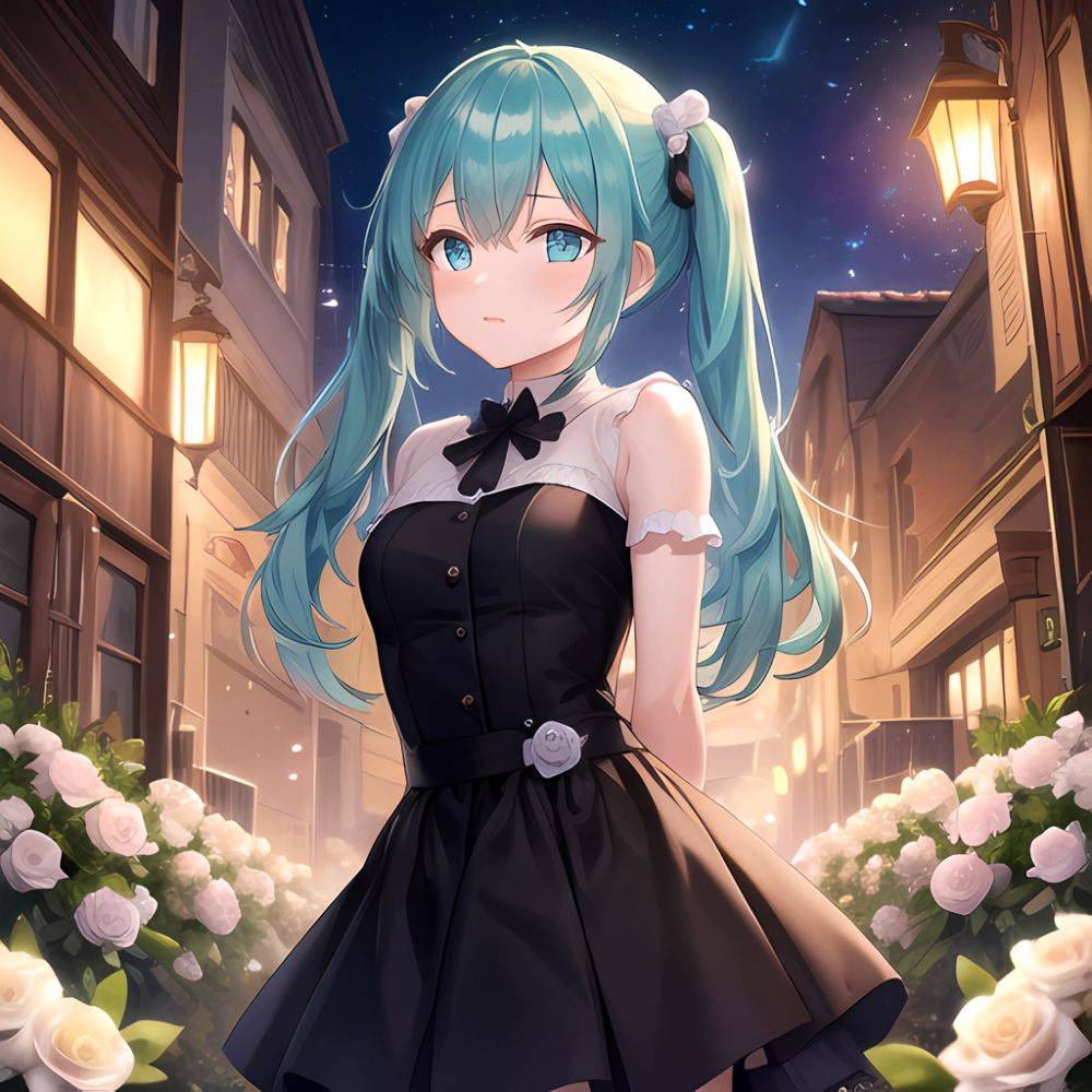 Face Focus Masterpiece Best Quality 1girl White Roses Petals Night Background Fireflies Light Particle Solo Aqua Hair With Twin, 4204735289 - AIHentai - #main