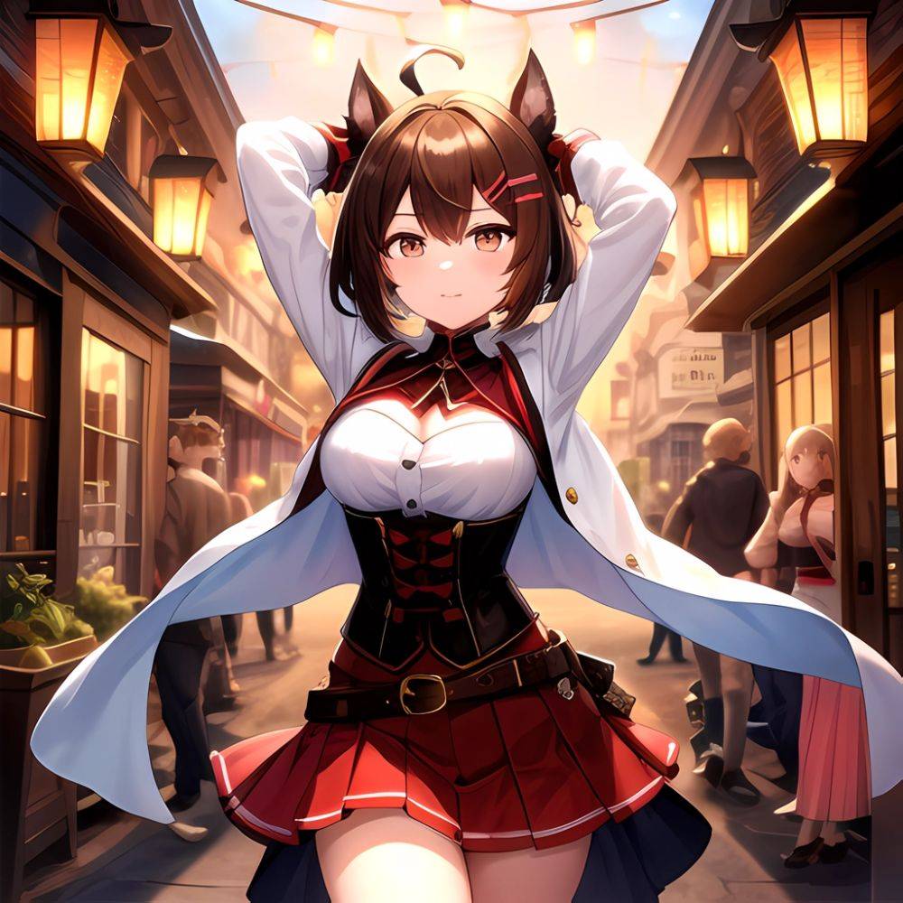 Nanashi Mumei Nanashi Mumei 1st Costume 1girl Ahoge Arms Behind Head Arms Up Belt Brown Corset Brown Eyes Brown Hair, 1349271916 - AIHentai - #main