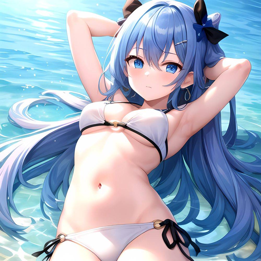 1girl Absurdres Arms Behind Head Bikini Blue Eyes Blue Hair Breasts Closed Mouth Hair Between Eyes Highres Hololive Hoshimachi S, 3677233639 - AIHentai - #main